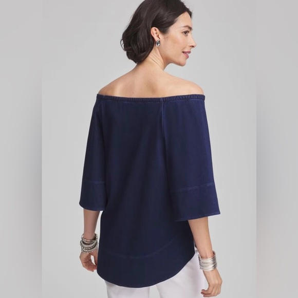 NWT Chico’s Dark Wash Denim Stretch Convertible Popover Swing 3/4 Sleeve Top - Picture 6 of 12